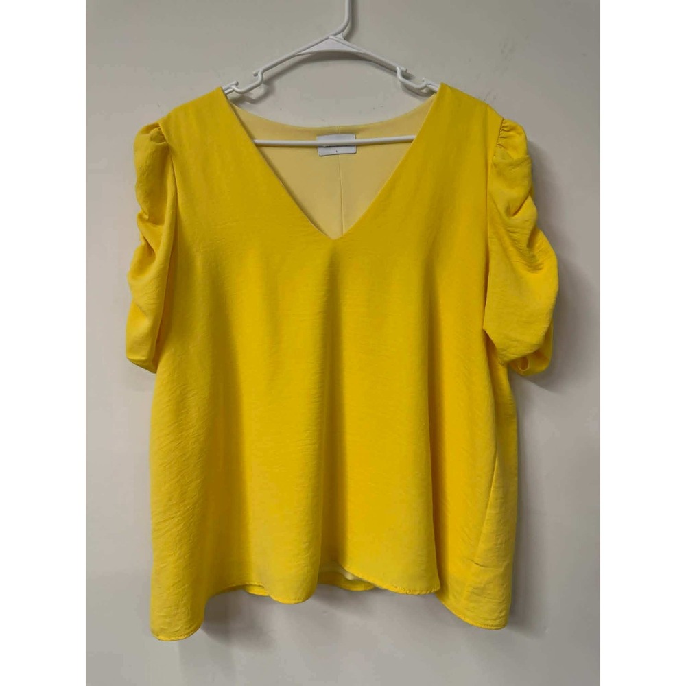 Adrienne Womens Large V-Neck Puff‎ Sleeve Blouse Yellow Textured Top